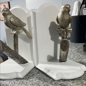 White Bookends with resin metal Bird on branch Accents